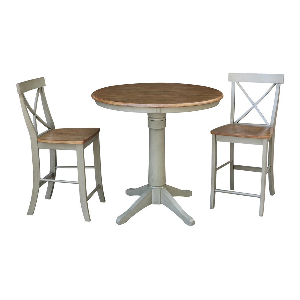 36" Round Pedestal Gathering Height Table With 2 X-Back Counter Height Stools. Picture 1