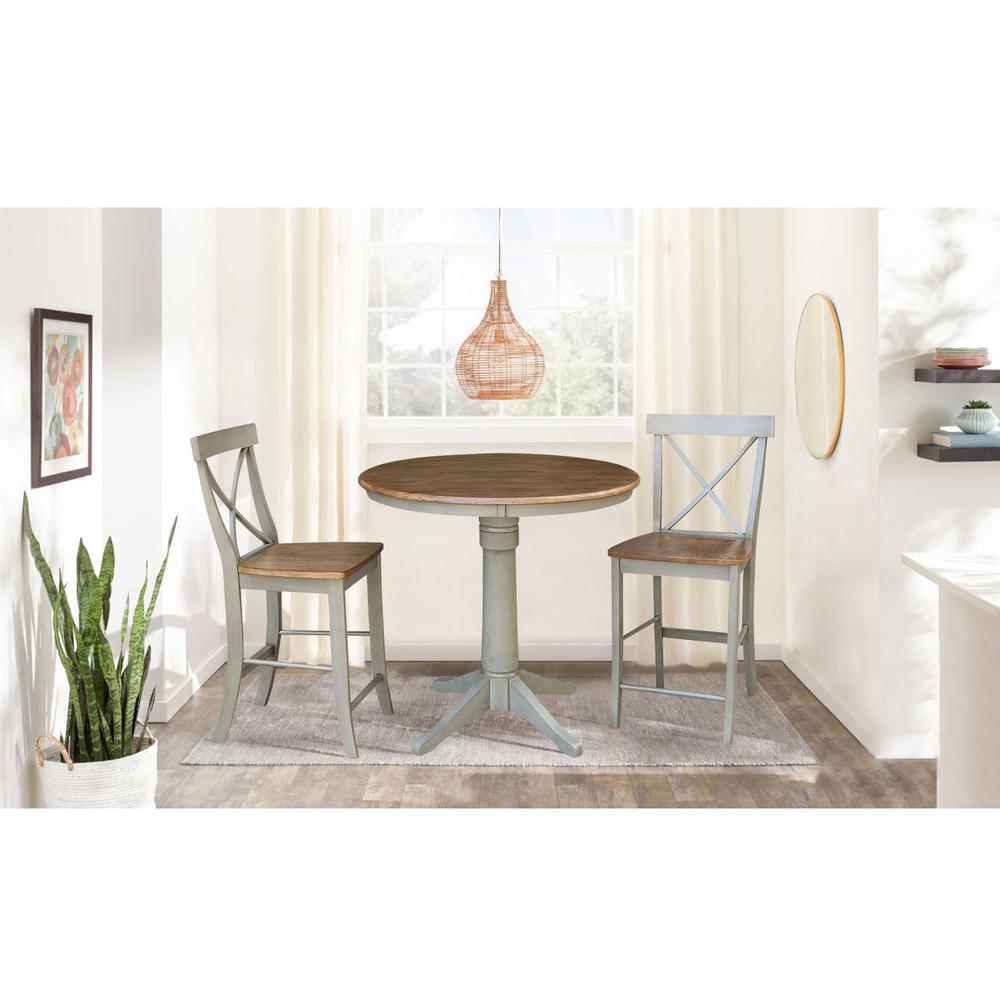 36" Round Pedestal Gathering Height Table With 2 X-Back Counter Height Stools. Picture 4