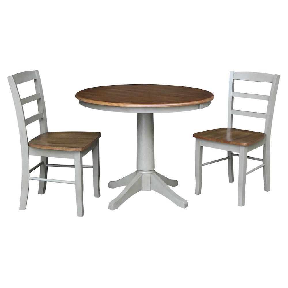 Set of 3 pcs - 36" Round Extension Dining table with 2 RTA chairs, Distressed Hickory/Stone. Picture 4