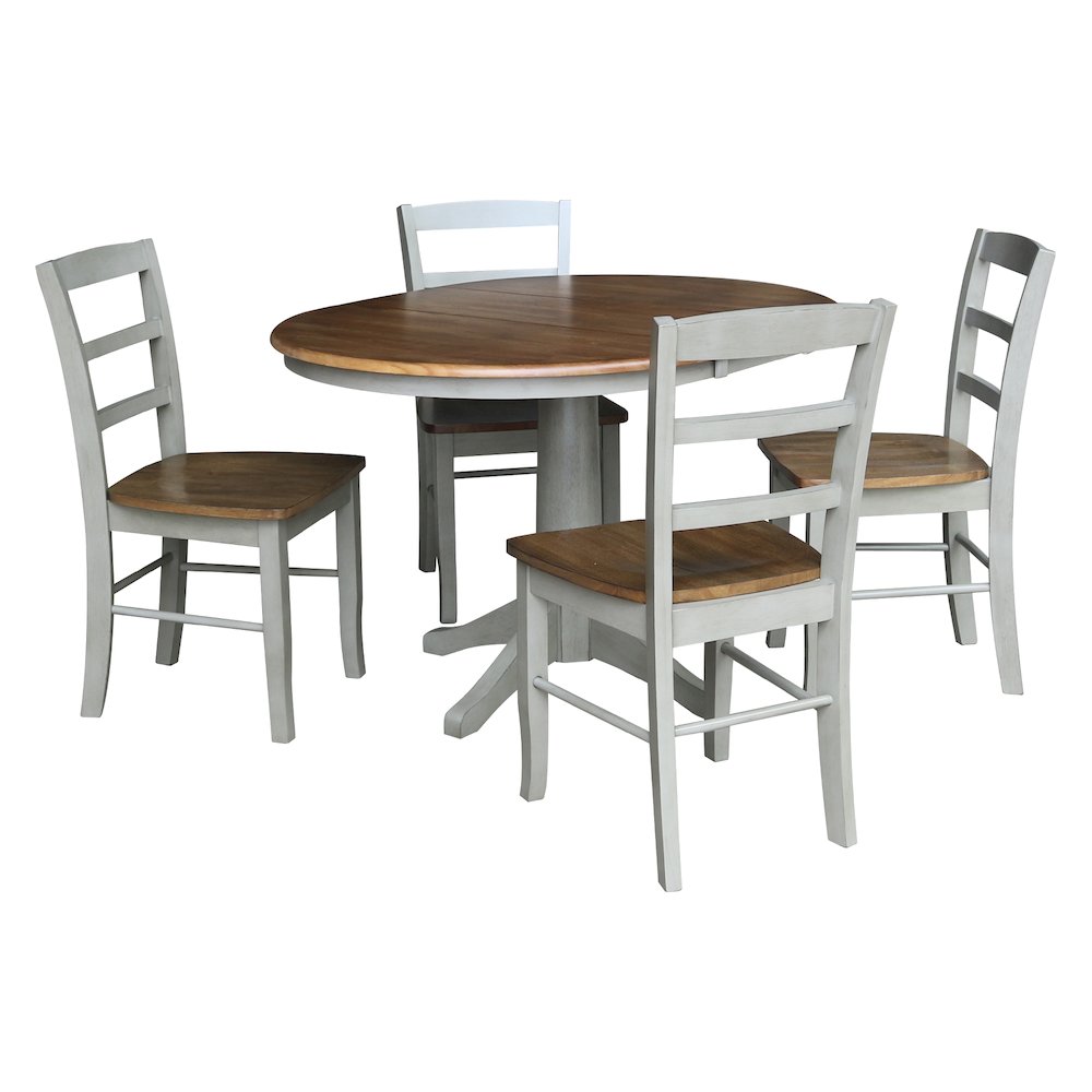 Set of 5 pcs - 36" Round Extension Dining table with 4 RTA chairs, Distressed Hickory/Stone. Picture 1