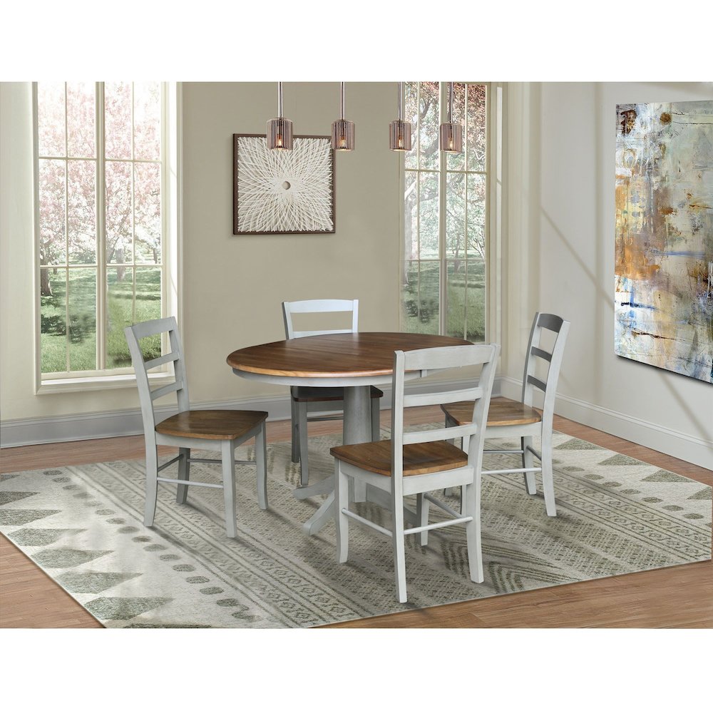 Set of 5 pcs - 36" Round Extension Dining table with 4 RTA chairs, Distressed Hickory/Stone. Picture 3