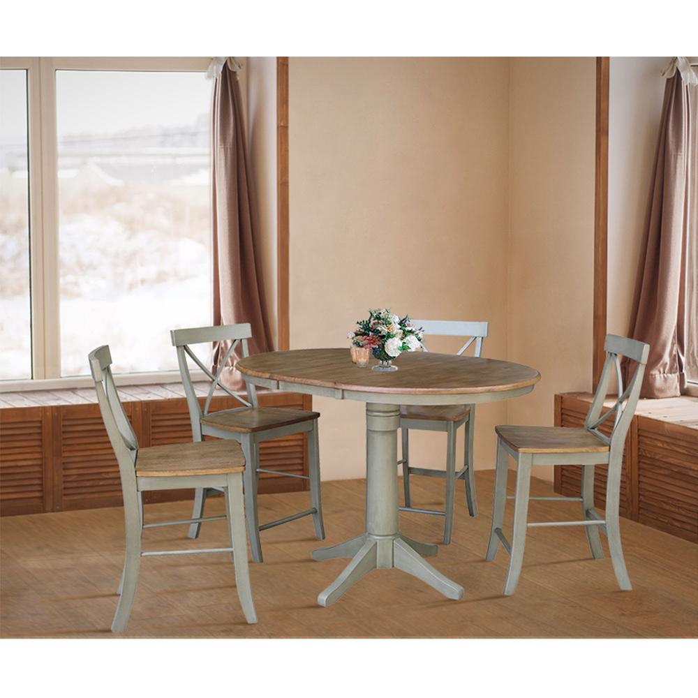 36" Round Extension Dining Table With 4 X-Back Counter Height Stools - Set. Picture 4