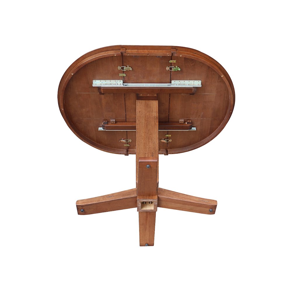 36 in Round Top Pedestal Counter Height Dining Table with 12 in Leaf. Picture 7