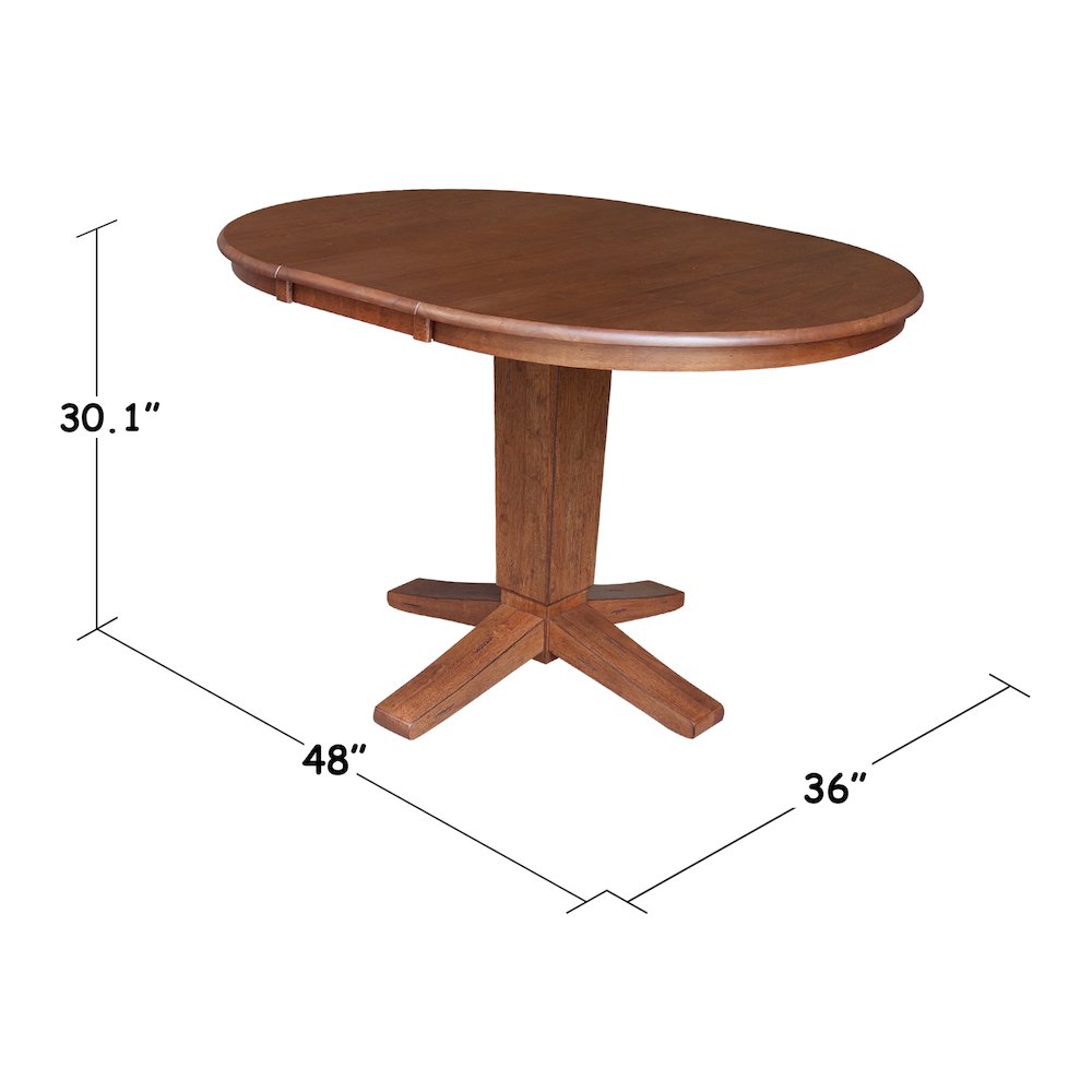 36 in Round Top Pedestal Dining Table with 12 in Leaf in Distressed Oak. Picture 2