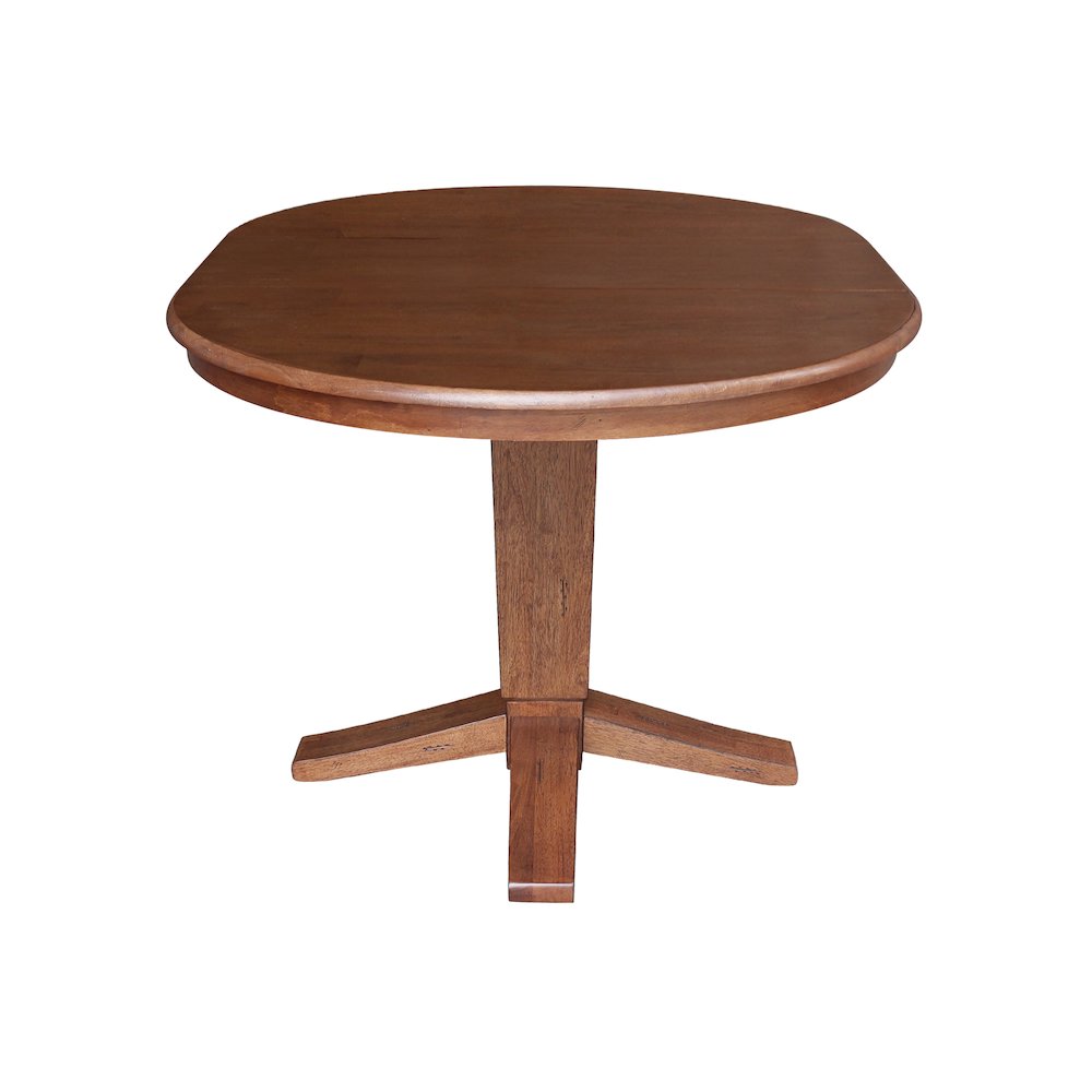 36 in Round Top Pedestal Dining Table with 12 in Leaf in Distressed Oak. Picture 5