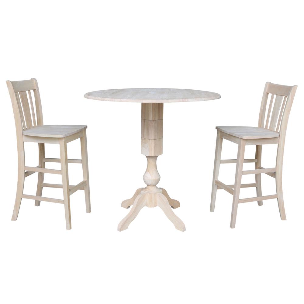 42" Round Pedestal Bar Height Table with Two Bar Height Stools, Unfinished, Ready to finish. Picture 1