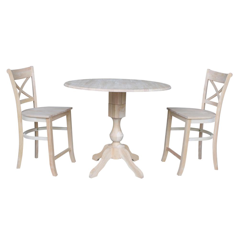 42" Round Pedestal Gathering Height Table with Two Counter Height Stools, Unfinished, Ready to finish. Picture 1