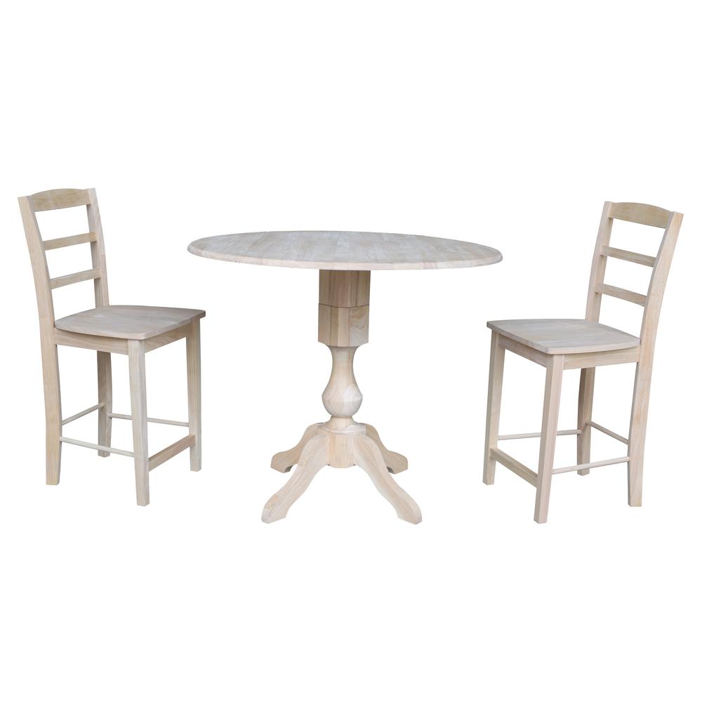 42" Round Pedestal Gathering Height Table with Two Counter Height Stools, Unfinished, Ready to finish. Picture 1