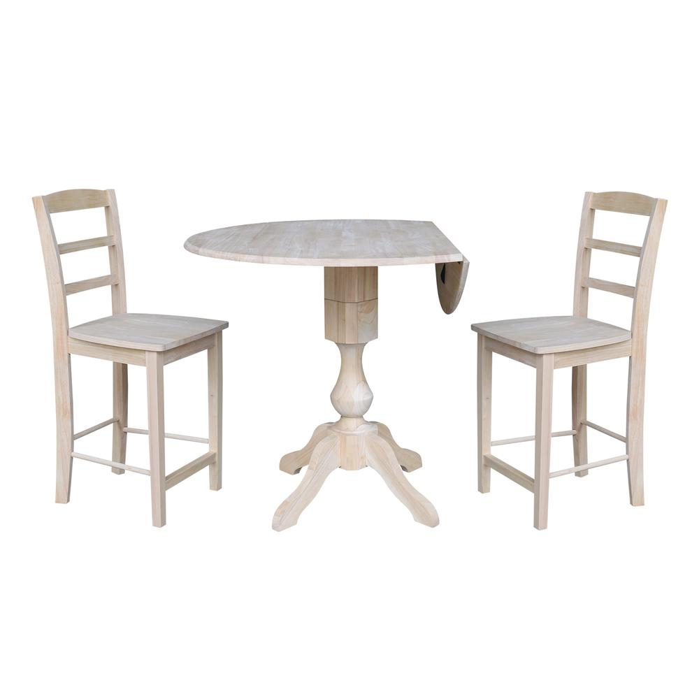 42" Round Pedestal Gathering Height Table with Two Counter Height Stools, Unfinished, Ready to finish. Picture 2