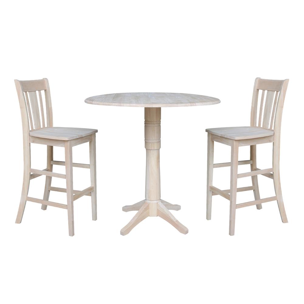 42" Round Pedestal Bar Height Table with Two Bar Height Stools, Unfinished, Ready to finish. Picture 1