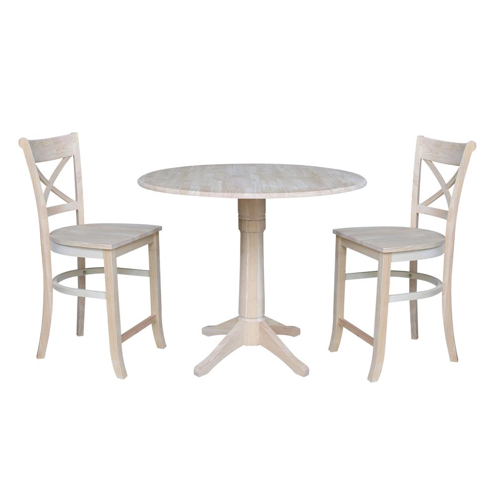 42" Round Pedestal Gathering Height Table with Two Counter Height Stools, Unfinished, Ready to finish. Picture 1