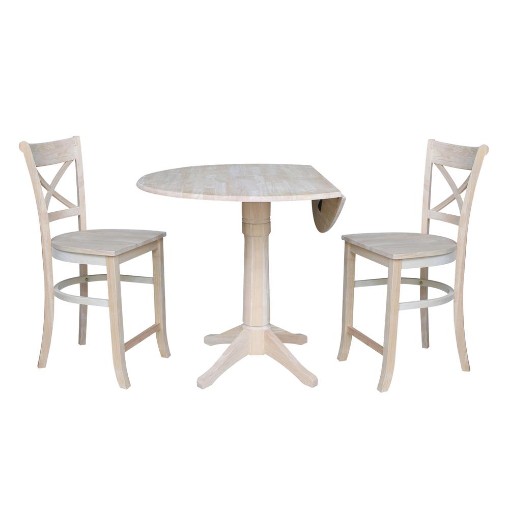 42" Round Pedestal Gathering Height Table with Two Counter Height Stools, Unfinished, Ready to finish. Picture 2