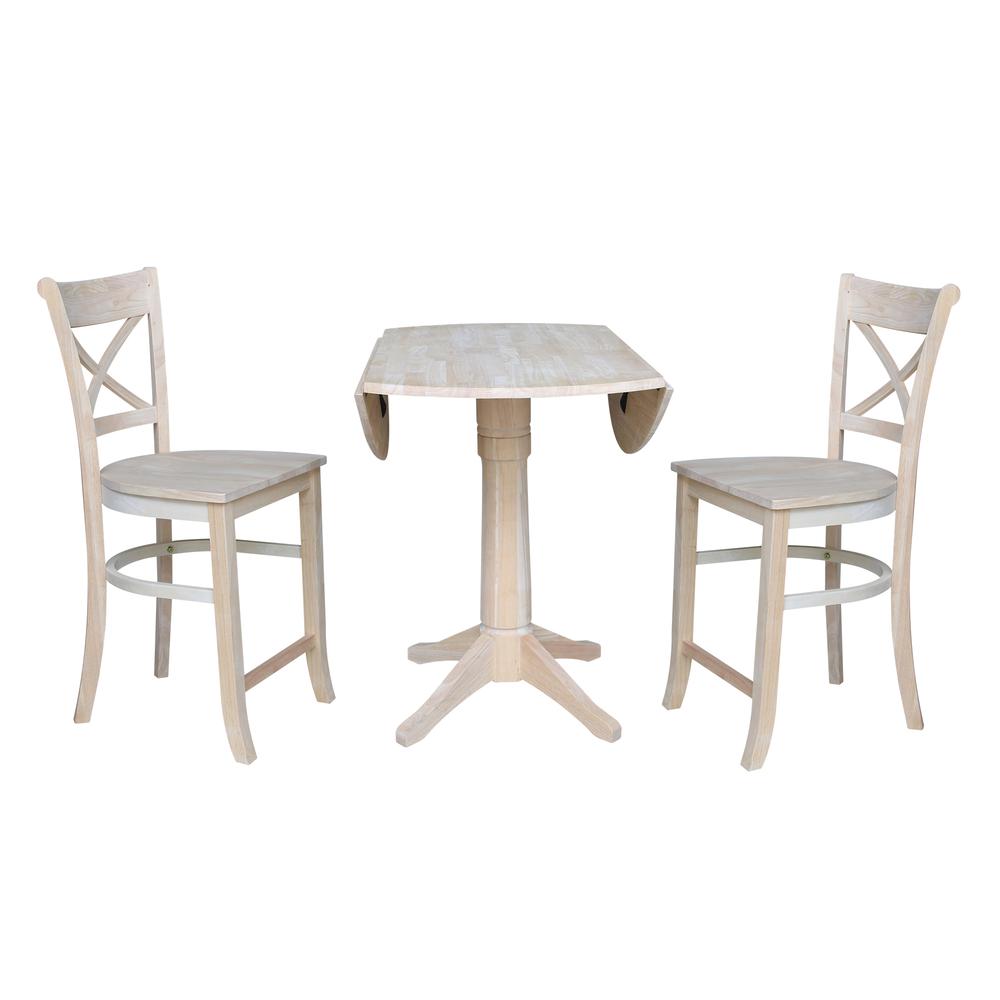 42" Round Pedestal Gathering Height Table with Two Counter Height Stools, Unfinished, Ready to finish. Picture 3