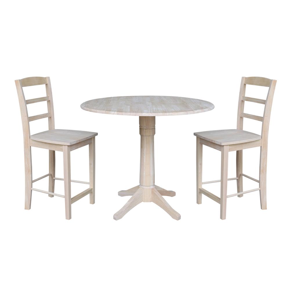 42" Round Pedestal Gathering Height Table with Two Counter Height Stools, Unfinished, Ready to finish. Picture 1