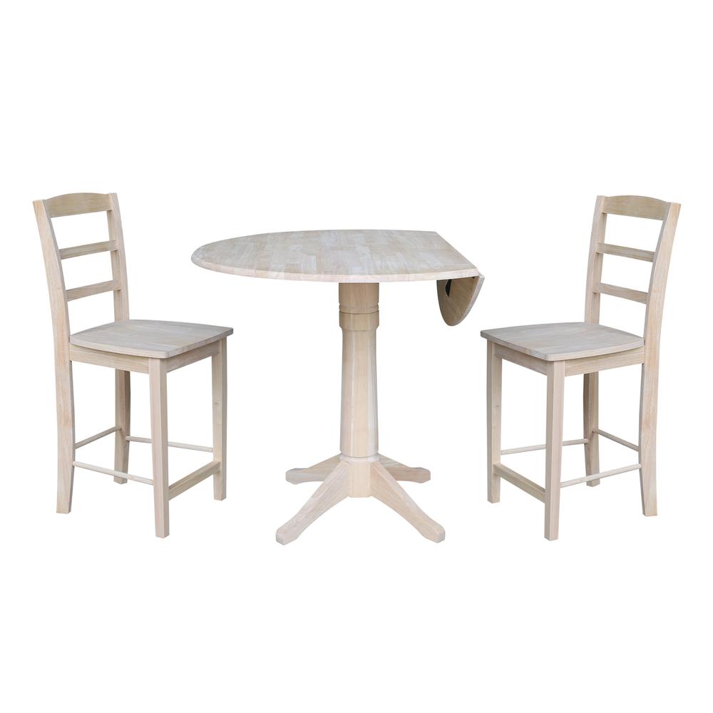 42" Round Pedestal Gathering Height Table with Two Counter Height Stools, Unfinished, Ready to finish. Picture 2
