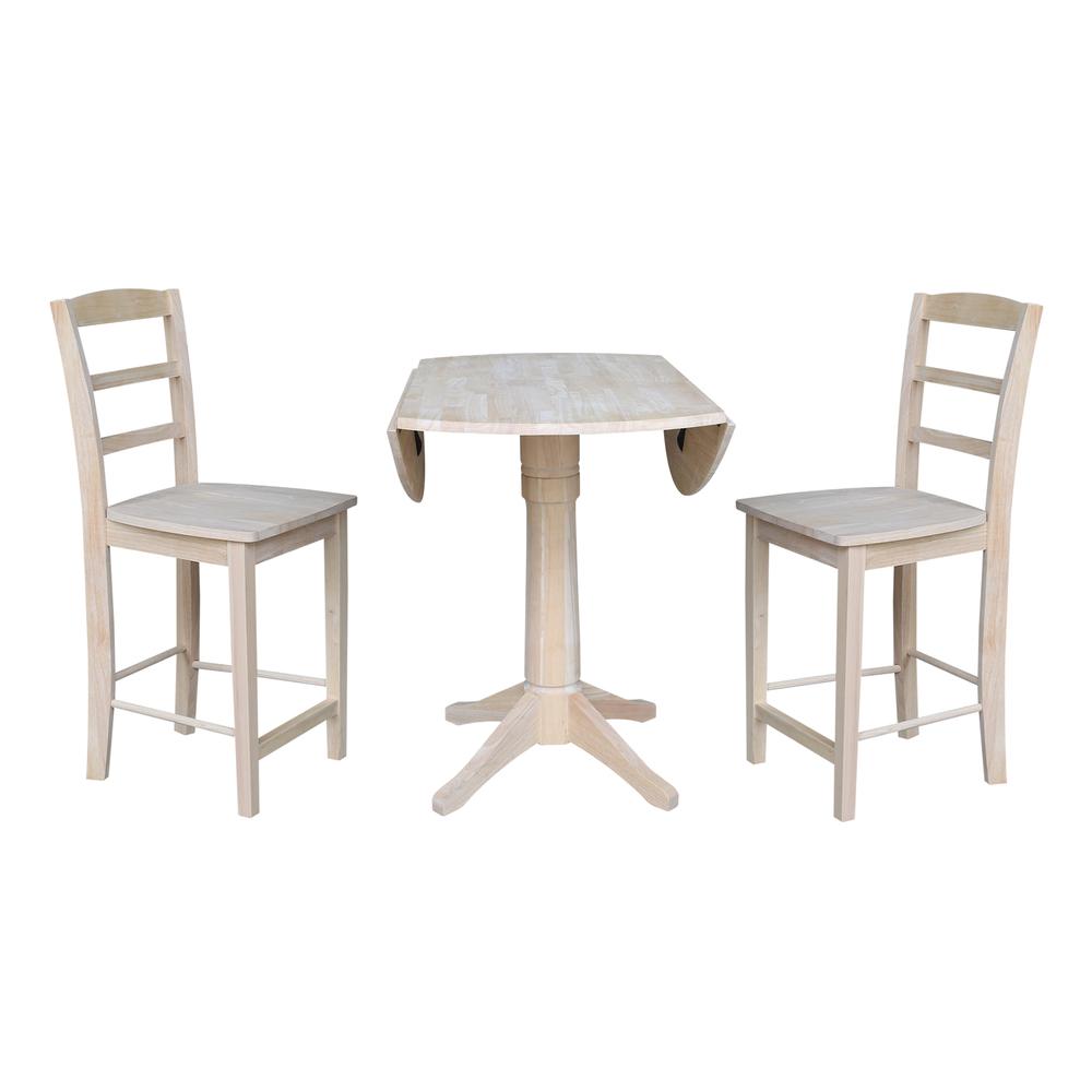 42" Round Pedestal Gathering Height Table with Two Counter Height Stools, Unfinished, Ready to finish. Picture 3