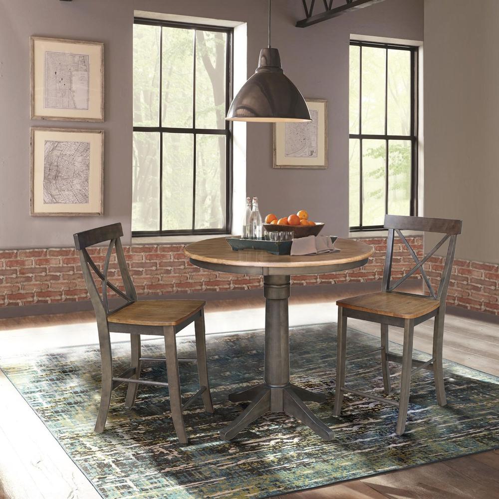 36" Round Pedestal Gathering Height Table With 2 X-Back Counter Height Stools. Picture 4