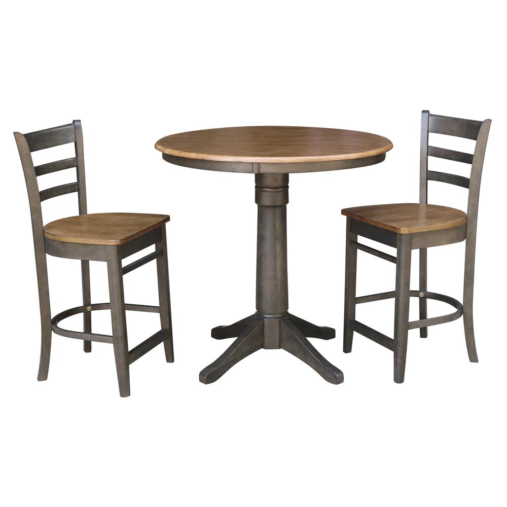 36" Round Pedestal Gathering Height Table With 2 Emily Counter Height Stools. Picture 1