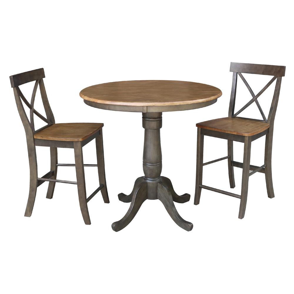 36" Round Pedestal Gathering Height Table With 2 X-Back Counter Height Stools. Picture 1