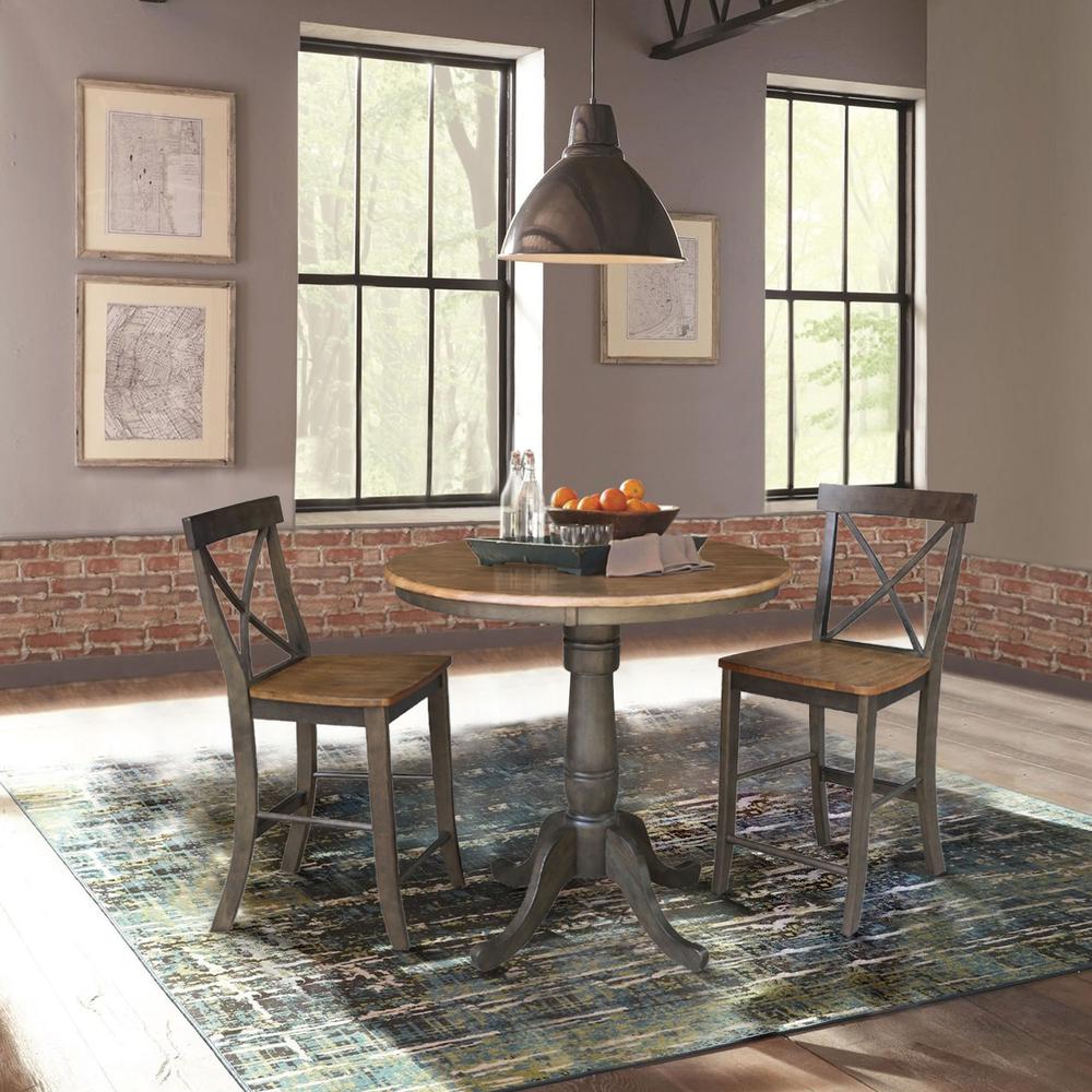 36" Round Pedestal Gathering Height Table With 2 X-Back Counter Height Stools. Picture 4