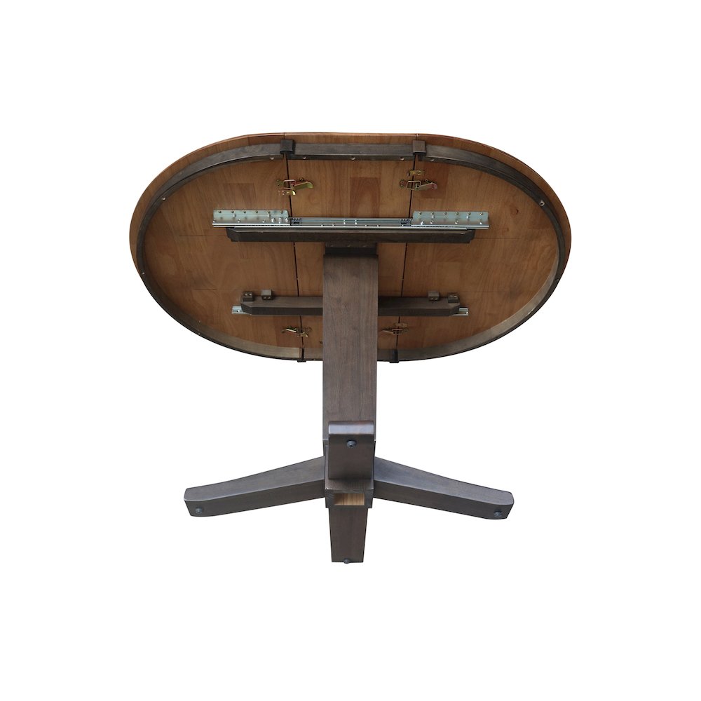 36 in Round Top Pedestal Dining Table with 12 in Leaf in Hickory/Washed Coal. Picture 7
