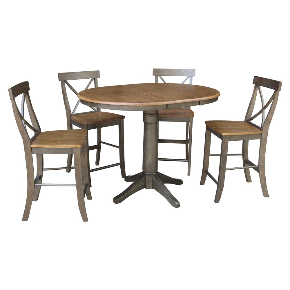 Set of 5 pcs - 36" Round Extension Dining table with 4 x-back counterheight stools. Picture 1
