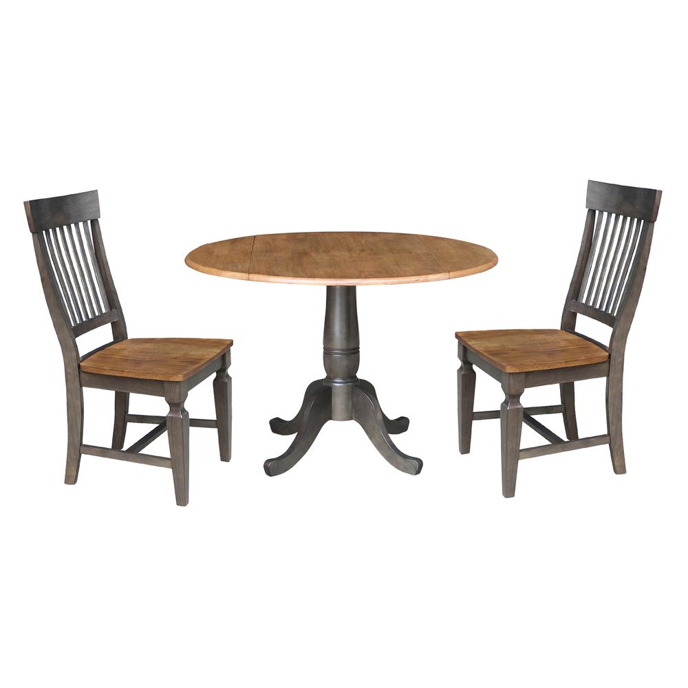 42 in. Round Dual Drop Leaf Dining Table with 2 Slatback Chairs. Picture 1