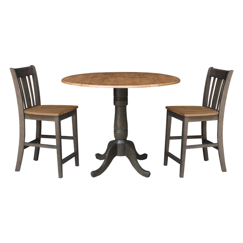 42 in. Round Dual Drop Leaf Counter Height Dining Table with 2 Splatback Stools. Picture 1