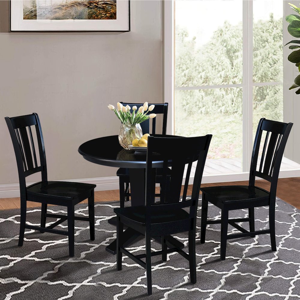 36 in Round Top Pedestal Dining Table with 4 Dining Chairs in Black - 5 Pcs Set. Picture 3
