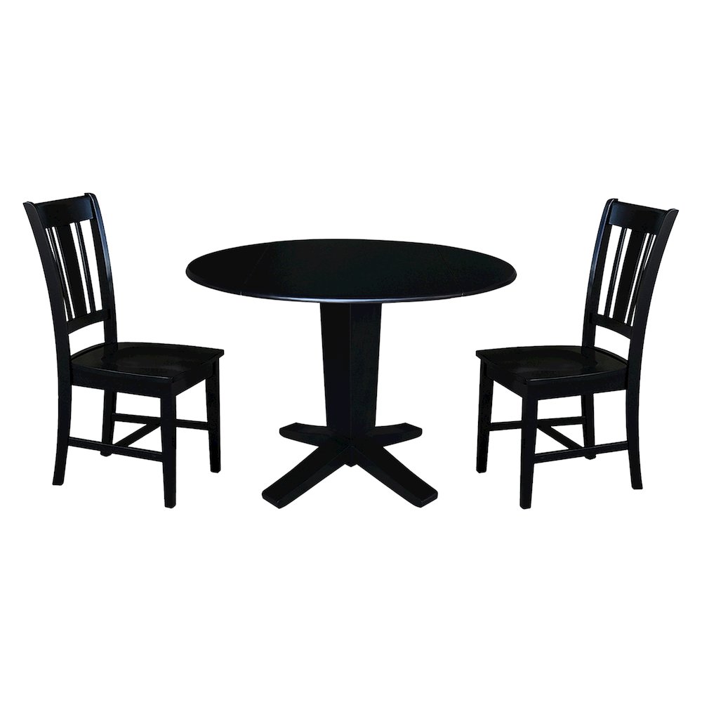 42 in Round Drop Leaf Pedestal Table with 2 Dining Chairs in Black - 3 Piece Set. Picture 1