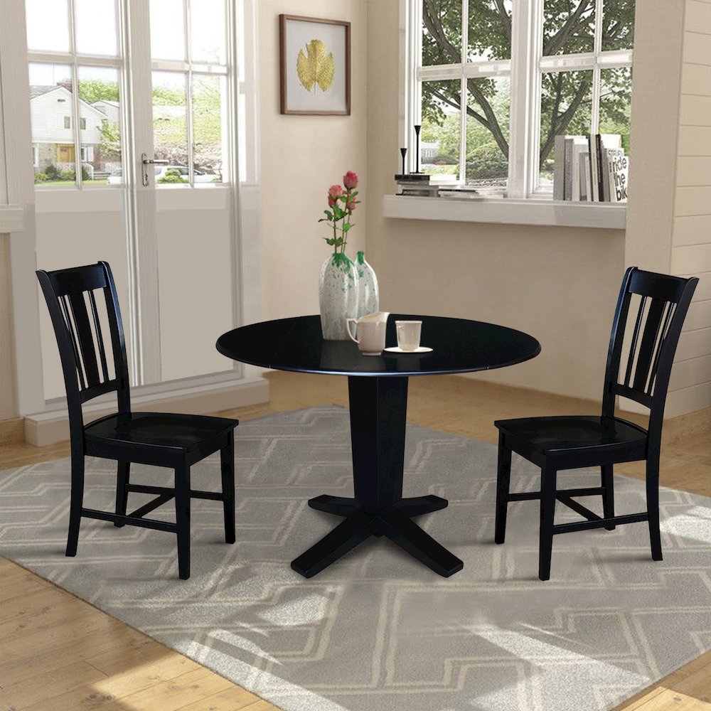 42 in Round Drop Leaf Pedestal Table with 2 Dining Chairs in Black - 3 Piece Set. Picture 3