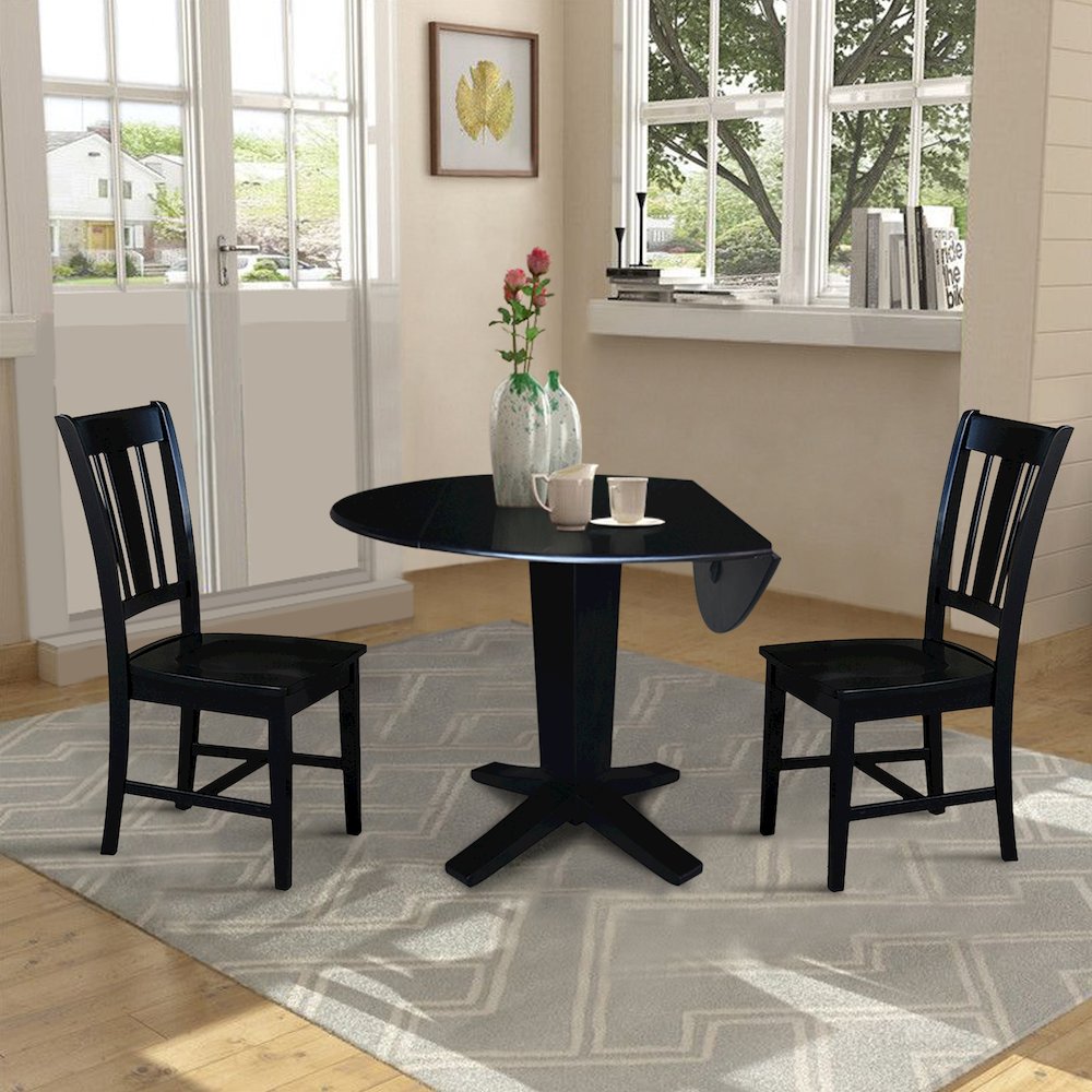 42 in Round Drop Leaf Pedestal Table with 2 Dining Chairs in Black - 3 Piece Set. Picture 4