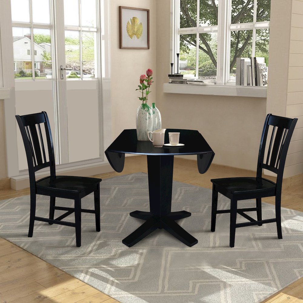 42 in Round Drop Leaf Pedestal Table with 2 Dining Chairs in Black - 3 Piece Set. Picture 6