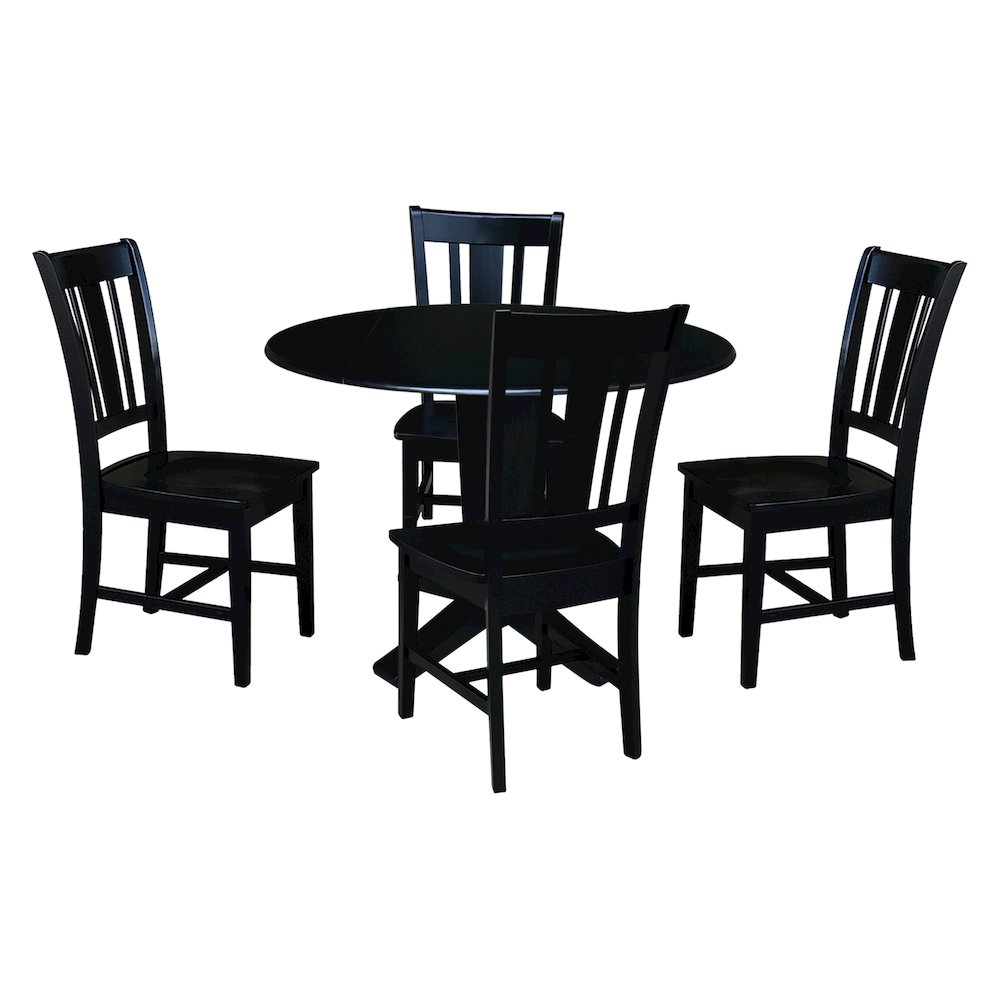 42 in Round Drop Leaf Pedestal Table with 4 Dining Chairs in Black - 5 Piece Set. Picture 1