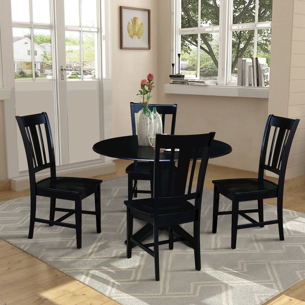 42 in Round Drop Leaf Pedestal Table with 4 Dining Chairs in Black - 5 Piece Set. Picture 3