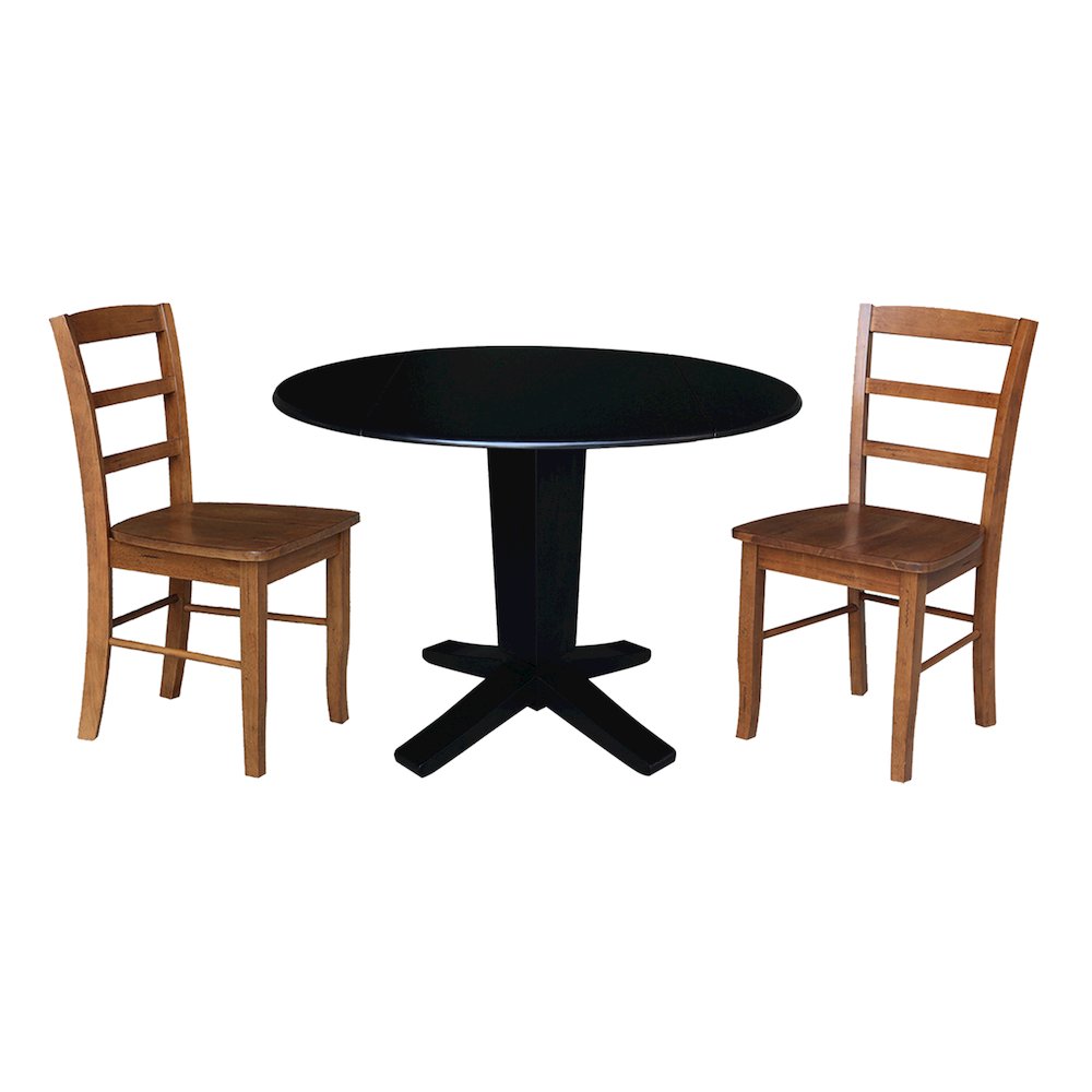 42 in Pedestal Table with 2 Dining Chairs in Black/Distressed Oak - 3 Piece Set. Picture 1
