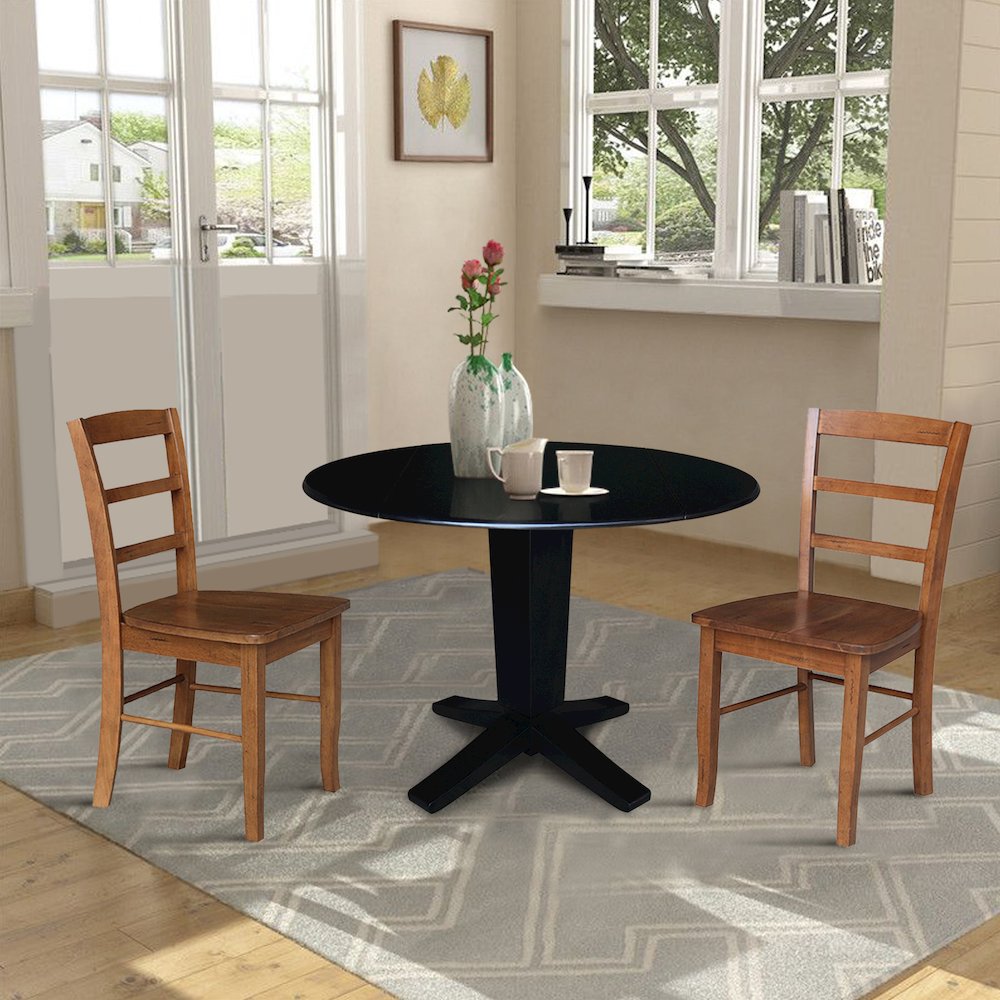 42 in Pedestal Table with 2 Dining Chairs in Black/Distressed Oak - 3 Piece Set. Picture 3