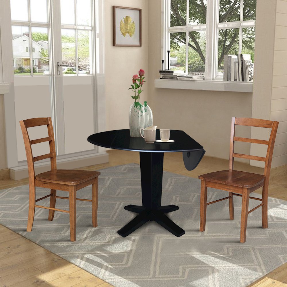 42 in Pedestal Table with 2 Dining Chairs in Black/Distressed Oak - 3 Piece Set. Picture 4