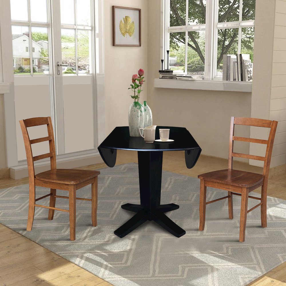 42 in Pedestal Table with 2 Dining Chairs in Black/Distressed Oak - 3 Piece Set. Picture 6