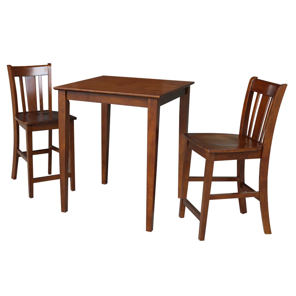 30x30 Counter Height Dining Table with 2 Counter Height Stools in Espresso. Picture 1