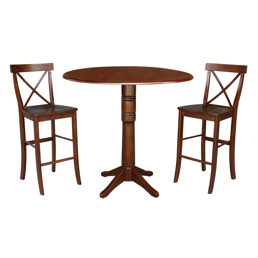 42" Round Pedestal Bar Height Table with Two Bar Height Stools, Espresso. Picture 1
