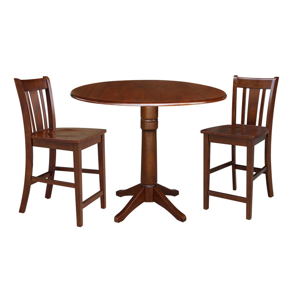 42" Round Pedestal Gathering Height Table with Two Counter Height Stools. Picture 1