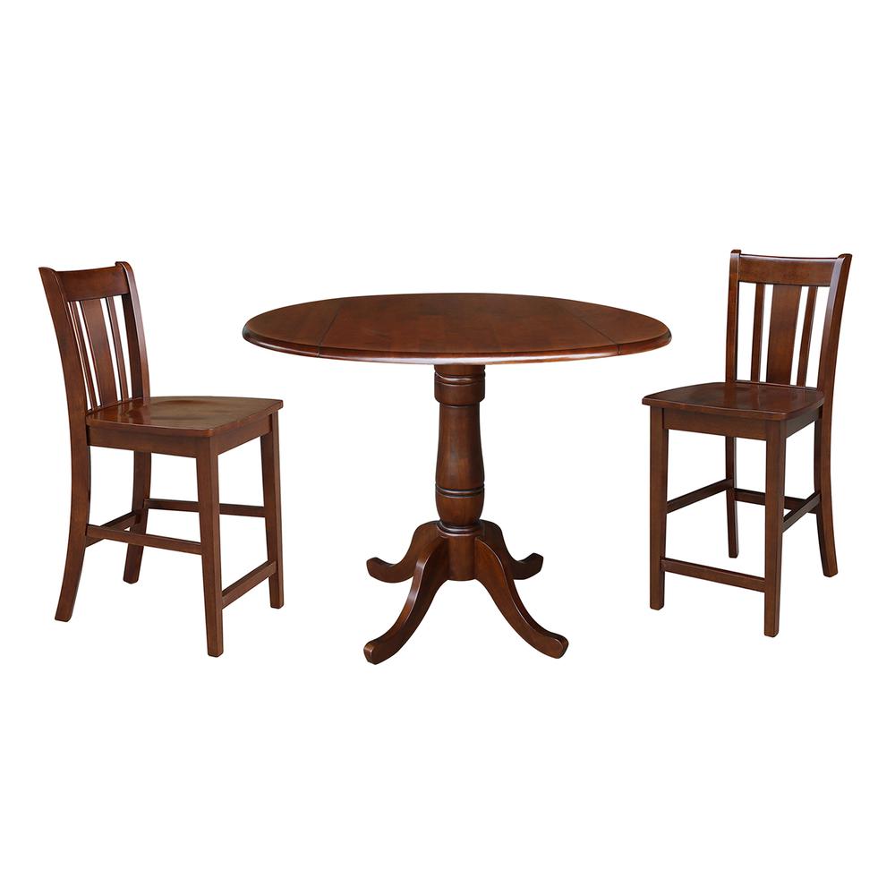 42" Round Pedestal Gathering Height Table with 2 Counter Height Stools. Picture 1