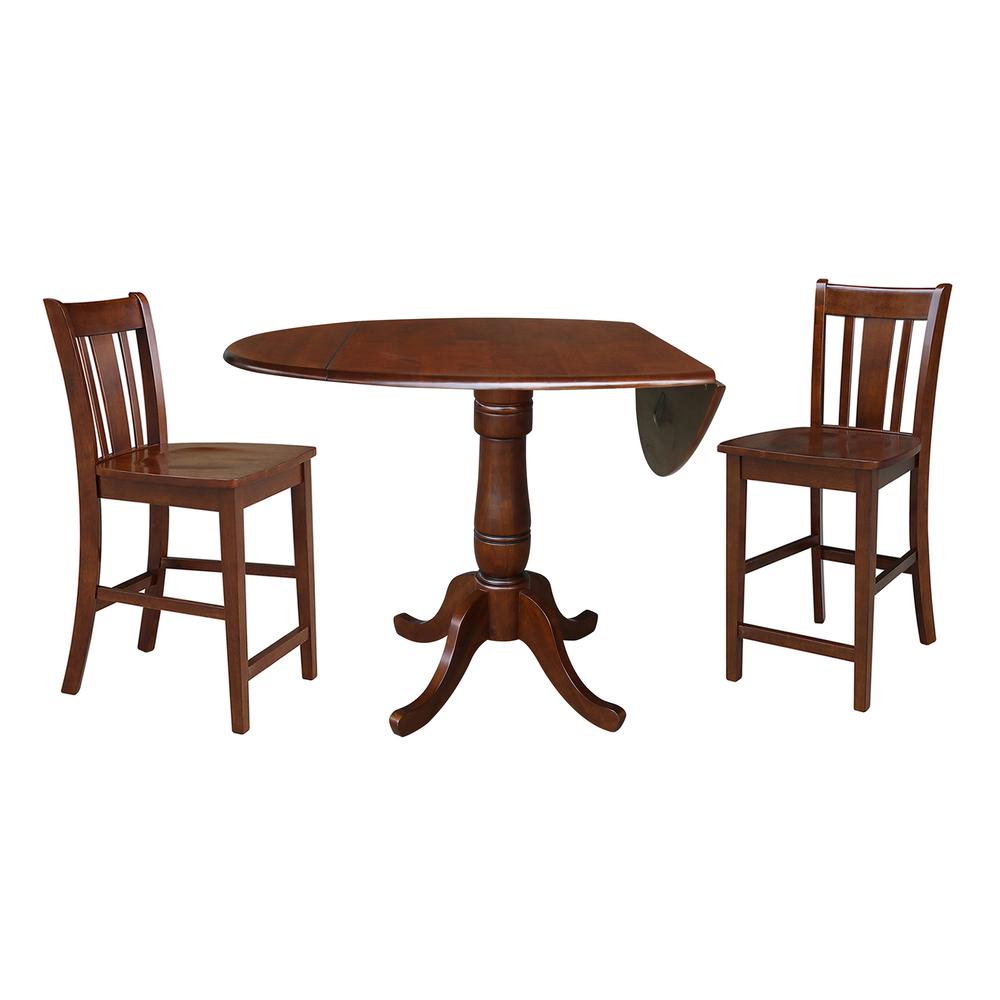 42" Round Pedestal Gathering Height Table with 2 Counter Height Stools. Picture 2