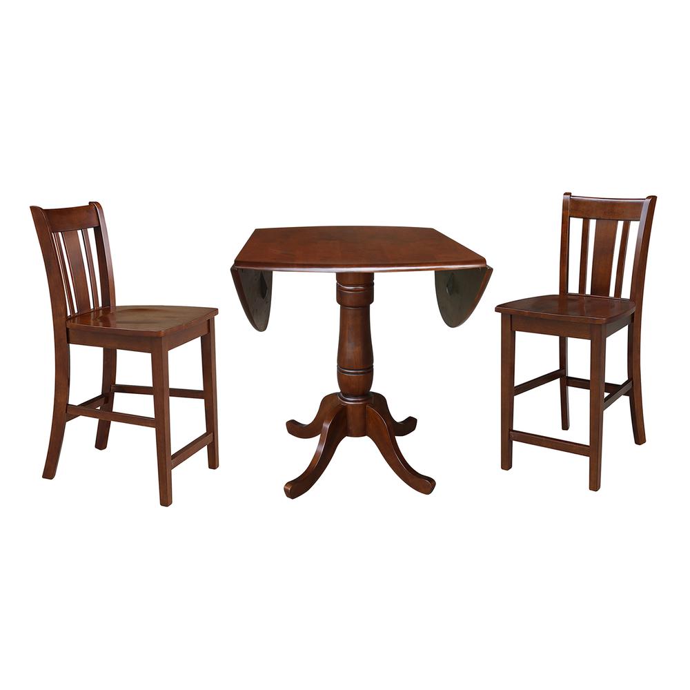 42" Round Pedestal Gathering Height Table with 2 Counter Height Stools. Picture 3