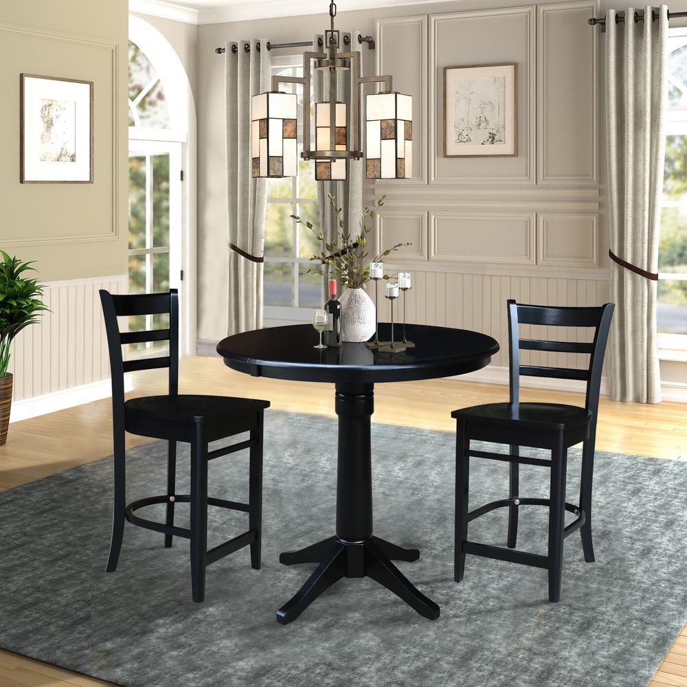 36" Round Pedestal Gathering Height Table with 2 Emily Counter Height Stools. Picture 1