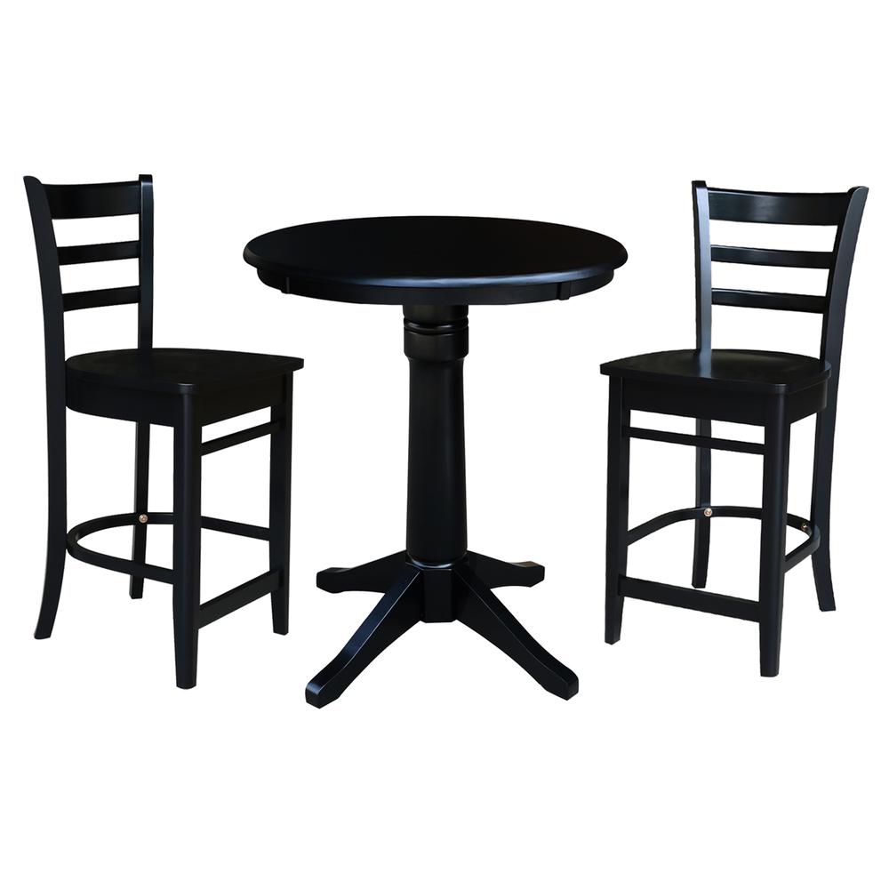 30" Round Pedestal Gathering Height Table with 2 Emily Counter Height Stools. Picture 2