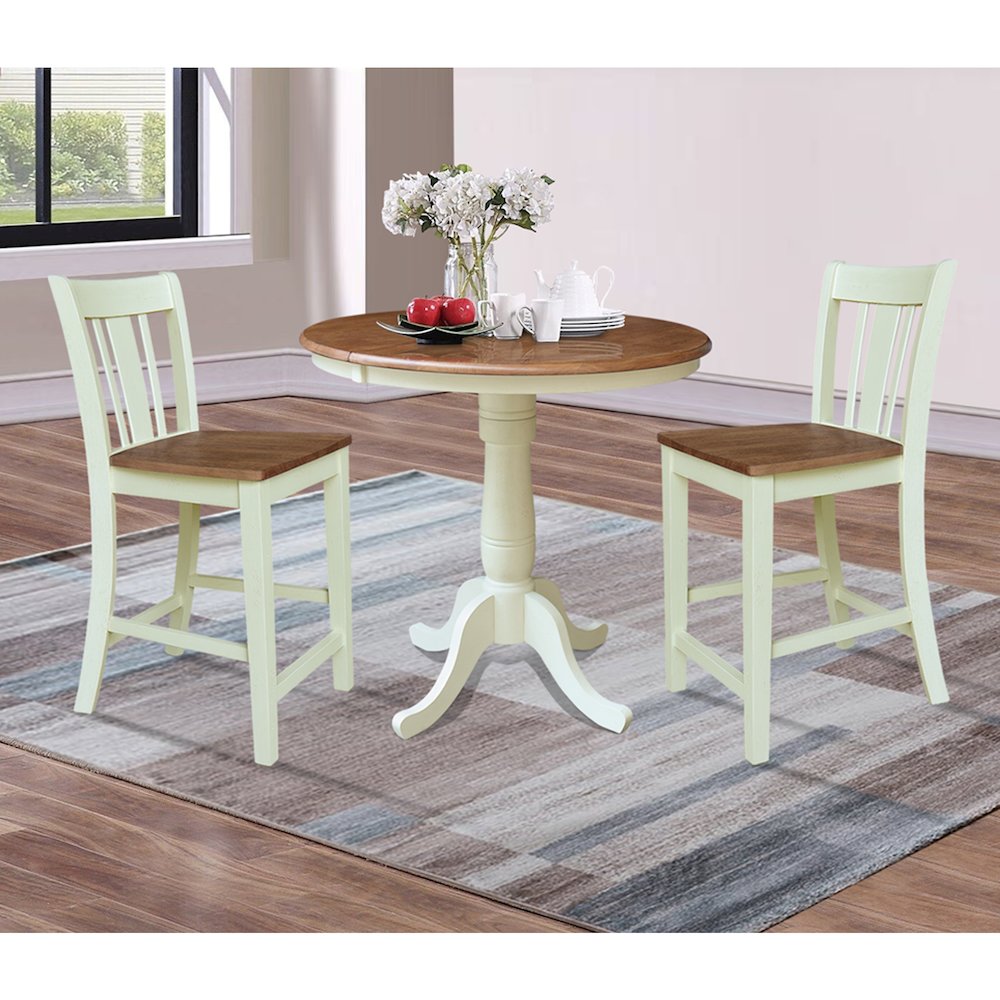 36" Round Pedestal Extension Counter Height Dining Table with 2 San Remo Stools. Picture 4