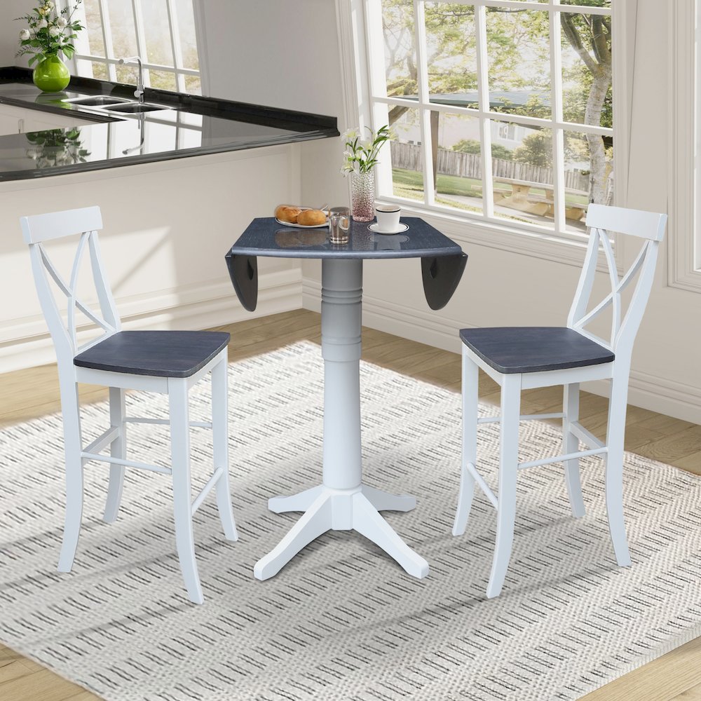 42" Round Top Dual Drop Leaf Pedestal Table with 2 Stools. Picture 4