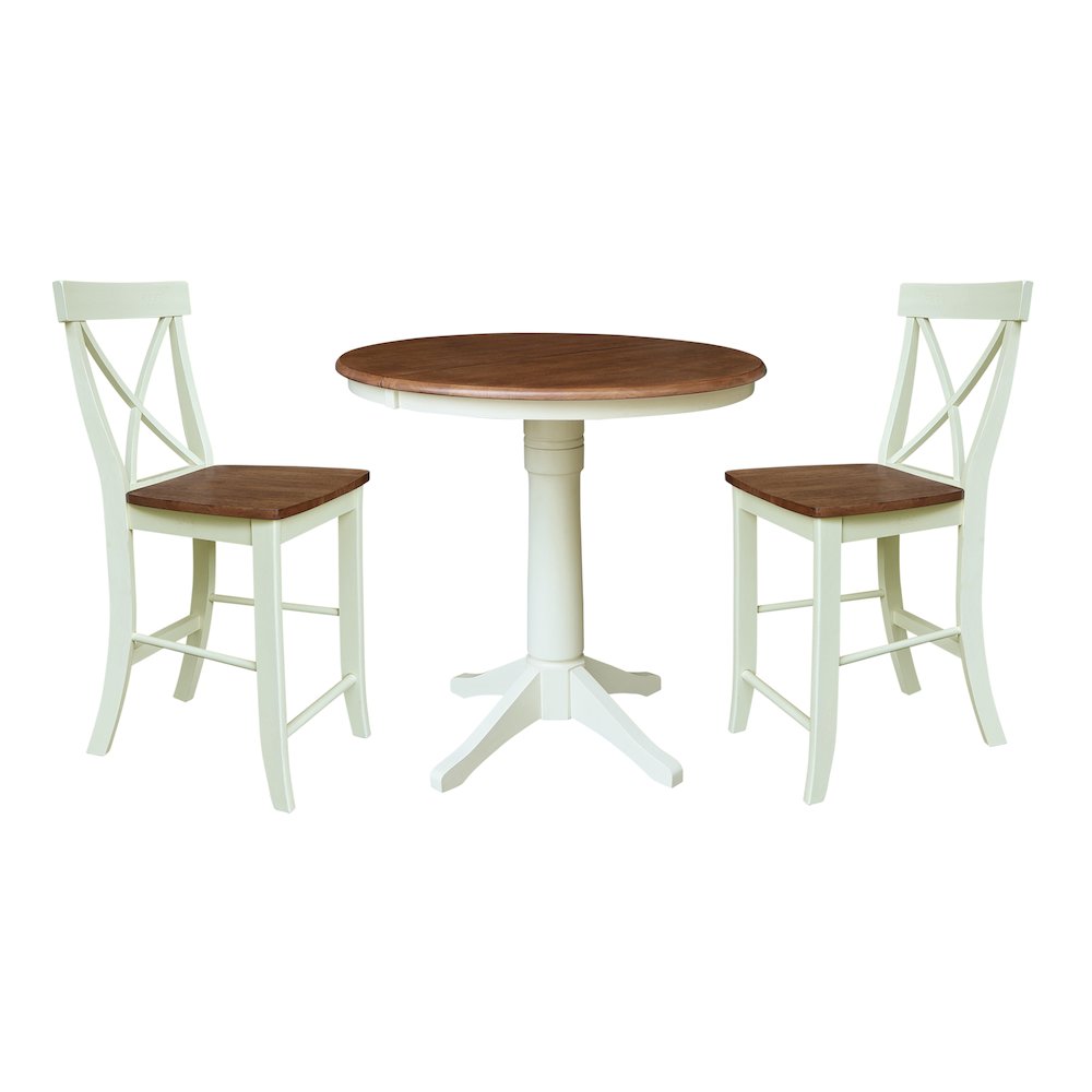 36" Round Extension Dining Table with 2 X-Back Counter Height Stools. Picture 1
